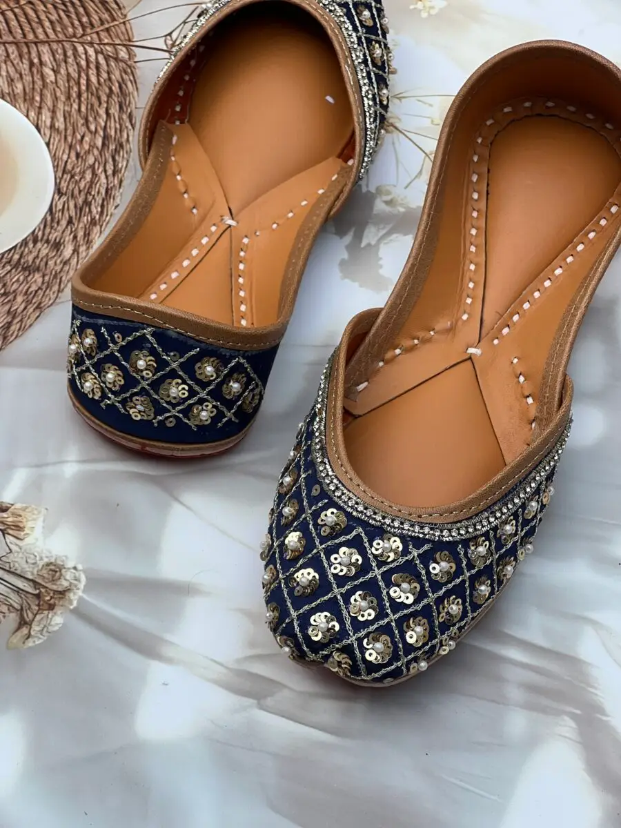 Navy blue base hand embroidered Punjabi jutti for women, sequins and pearls design, pure leather, double cushioned jutti by sandoori, free shipping, free exchange, latest design, branded jutti, colour navy blue, golden,