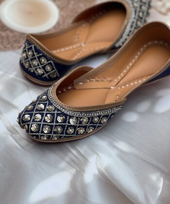 Navy blue base hand embroidered Punjabi jutti for women, sequins and pearls design, pure leather, double cushioned jutti by sandoori, free shipping, free exchange, latest design, branded jutti, colour navy blue, golden,
