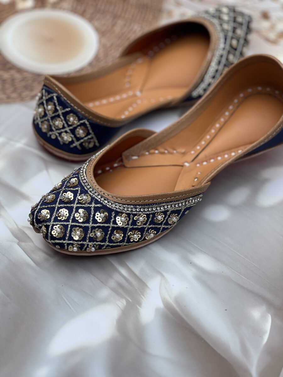 Navy blue base hand embroidered Punjabi jutti for women, sequins and pearls design, pure leather, double cushioned jutti by sandoori, free shipping, free exchange, latest design, branded jutti, colour navy blue, golden,