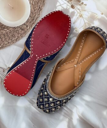 Navy blue base hand embroidered Punjabi jutti for women, sequins and pearls design, pure leather, double cushioned jutti by sandoori, free shipping, free exchange, latest design, branded jutti, colour navy blue, golden,