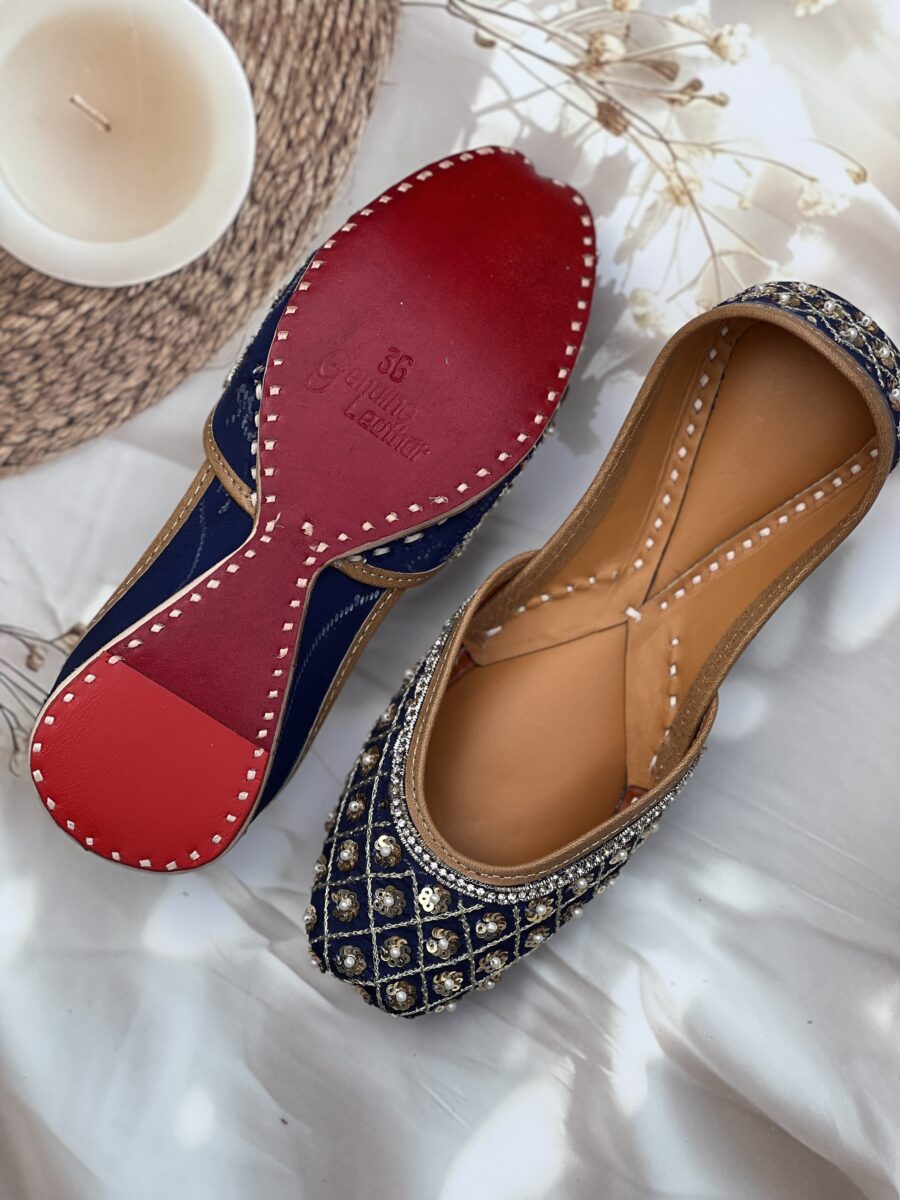 Navy blue base hand embroidered Punjabi jutti for women, sequins and pearls design, pure leather, double cushioned jutti by sandoori, free shipping, free exchange, latest design, branded jutti, colour navy blue, golden,