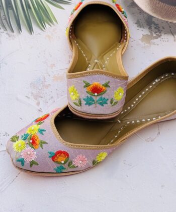 multi coloured flower hand embroidered zardosi work mob or mauve colour punjabi jutti for women
