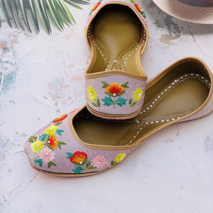 multi coloured flower hand embroidered zardosi work mob or mauve colour punjabi jutti for women