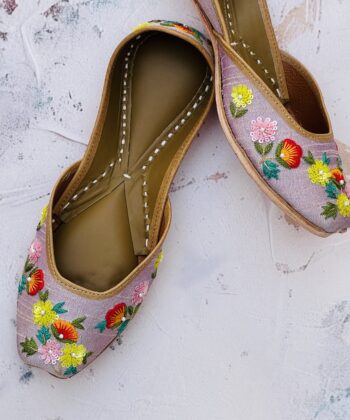 multi coloured flower hand embroidered zardosi work mob or mauve colour punjabi jutti for women