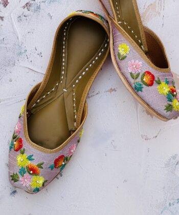 multi coloured flower hand embroidered zardosi work mob or mauve colour punjabi jutti for women