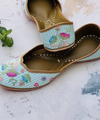 multi coloured flower hand embroidered zardosi work blue stripped colour punjabi jutti for women