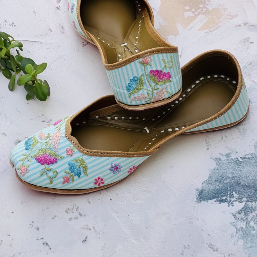 multi coloured flower hand embroidered zardosi work blue stripped colour punjabi jutti for women