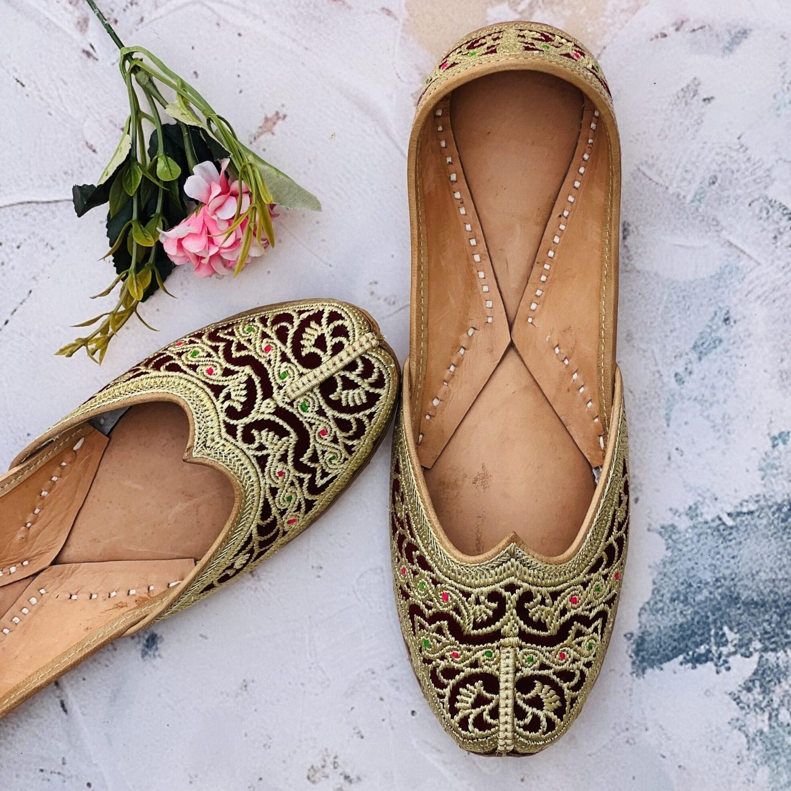 IMG_7965 Golden tilleydaar Wine colour velvet hand embroidered punjabi jutti for women