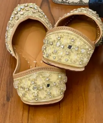Golden diamonds and stone work hand embroidered Punjabi jutti for ladies, girls and women. Trending design, Zardosi work, double cushioned for full day comfort, pure leather handmade punjabi jutti