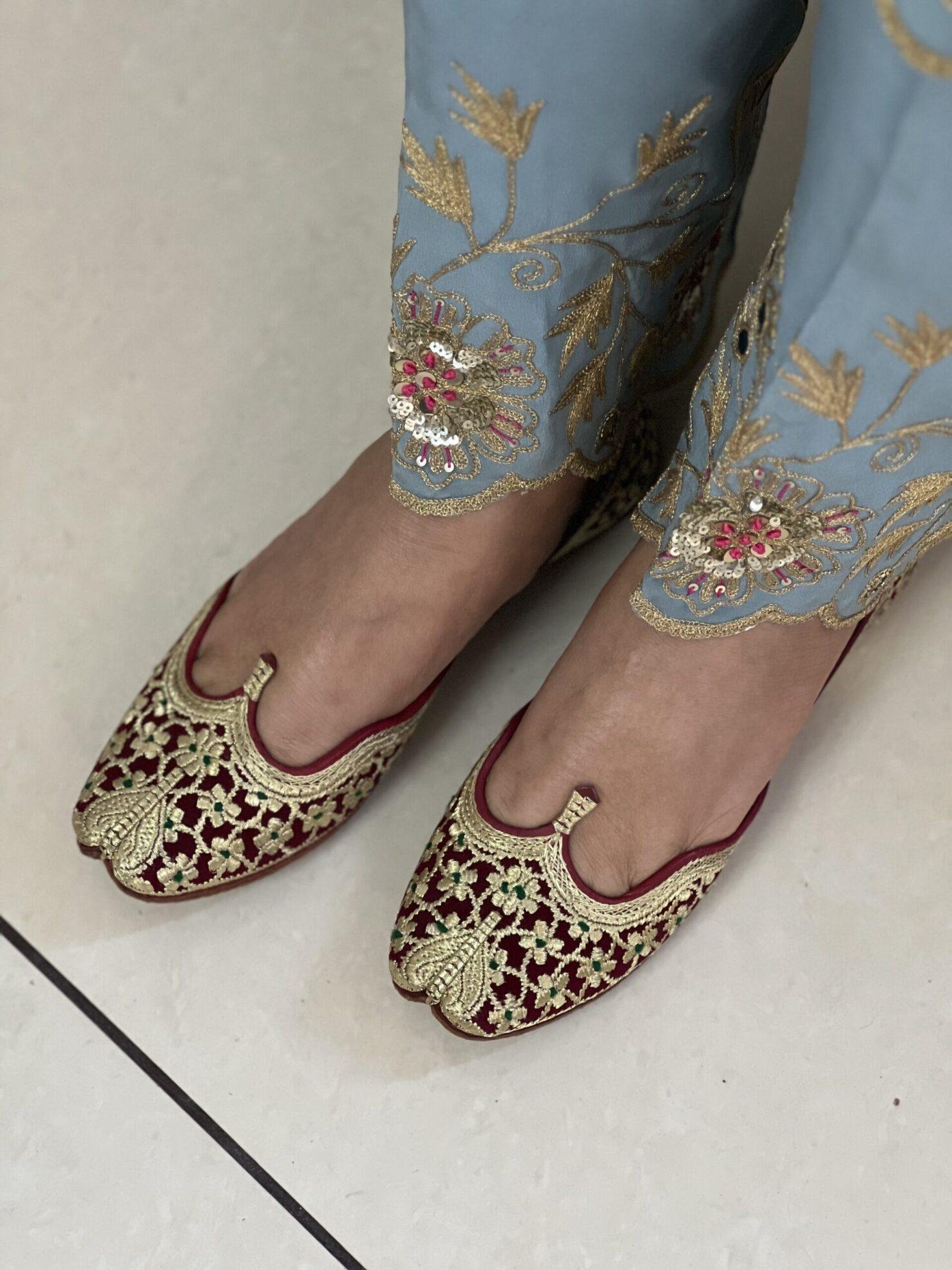 IMG_9059 Maroon base light golden tilla hand work punjabi jutti for women