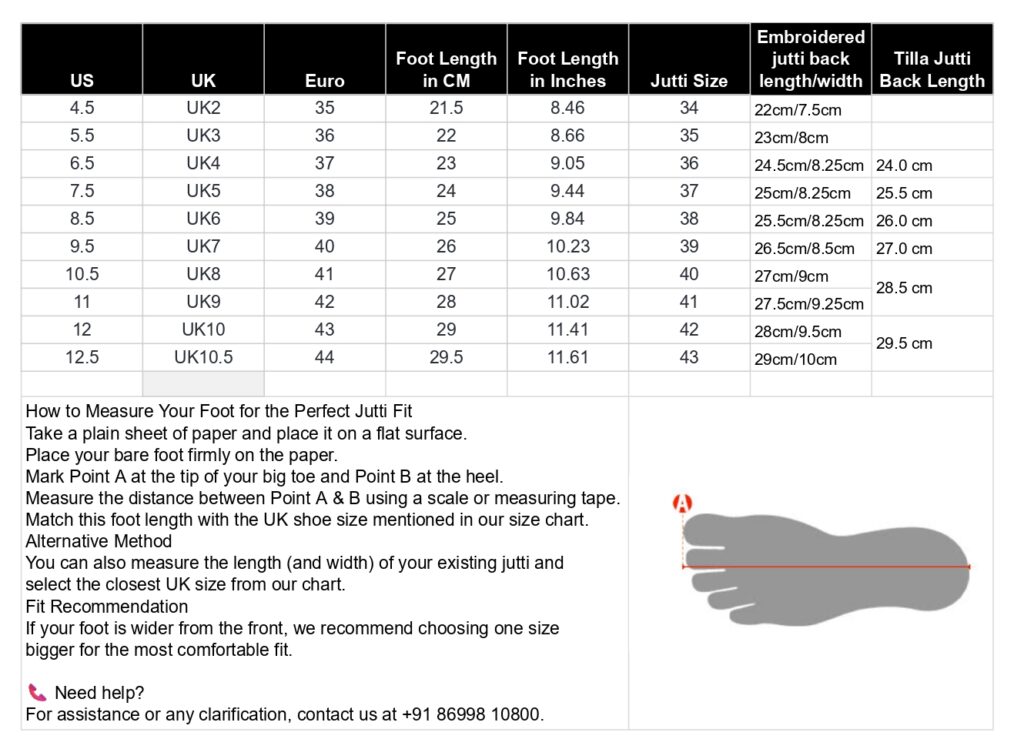 Women Shoe Size Chart with detailed instruction how to measure your foot length for jutti fitting
