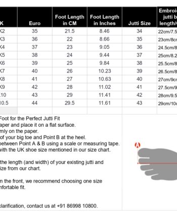 Women Shoe Size Chart with detailed instruction how to measure your foot length for jutti fitting