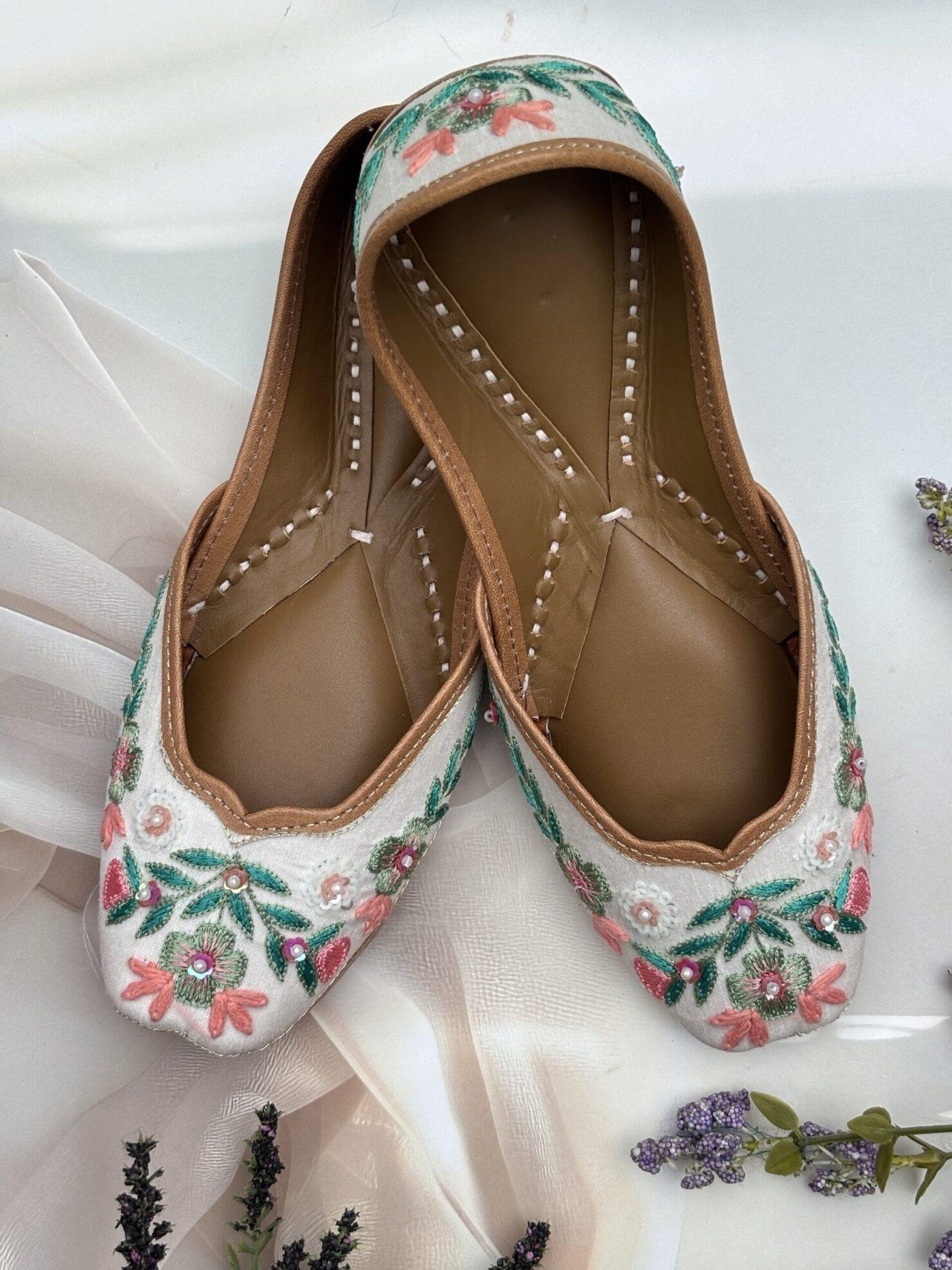 img_7109 White base multi coloured hand embroidered Punjabi jutti for women, pure leather, double cushioned jutti by sandoori jutti, free shipping, free exchange, latest design, branded jutti, main colours green, pink, peach, white