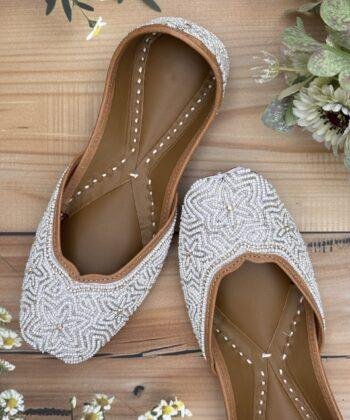 White base hand embroidered Punjabi jutti for women, star design, pure leather, double cushioned jutti by sandoori jutti, free shipping, free exchange, latest design, branded jutti, main colours white and silver
