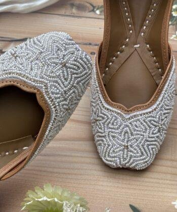 White base hand embroidered Punjabi jutti for women, star design, pure leather, double cushioned jutti by sandoori jutti, free shipping, free exchange, latest design, branded jutti, main colours white and silver