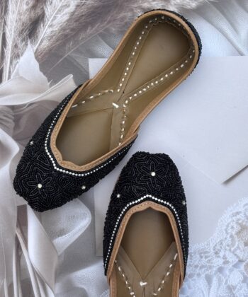 All Black hand embroidered Punjabi Jutti for women, shiny and elegant black Zardosi work