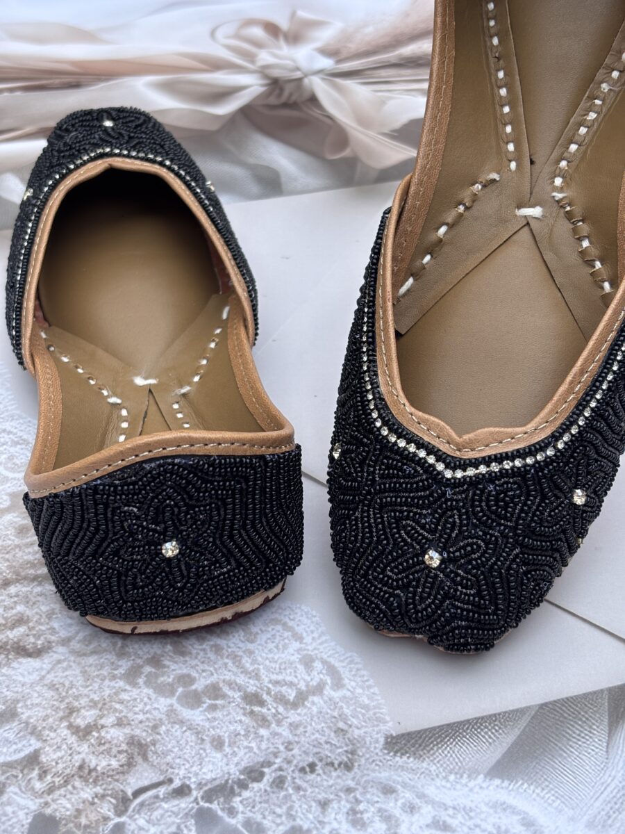 All Black hand embroidered Punjabi Jutti for women, shiny and elegant black Zardosi work
