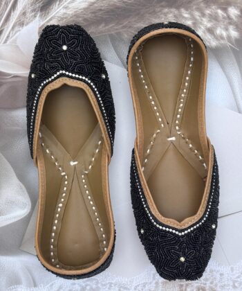 All Black hand embroidered Punjabi Jutti for women, shiny and elegant black Zardosi work