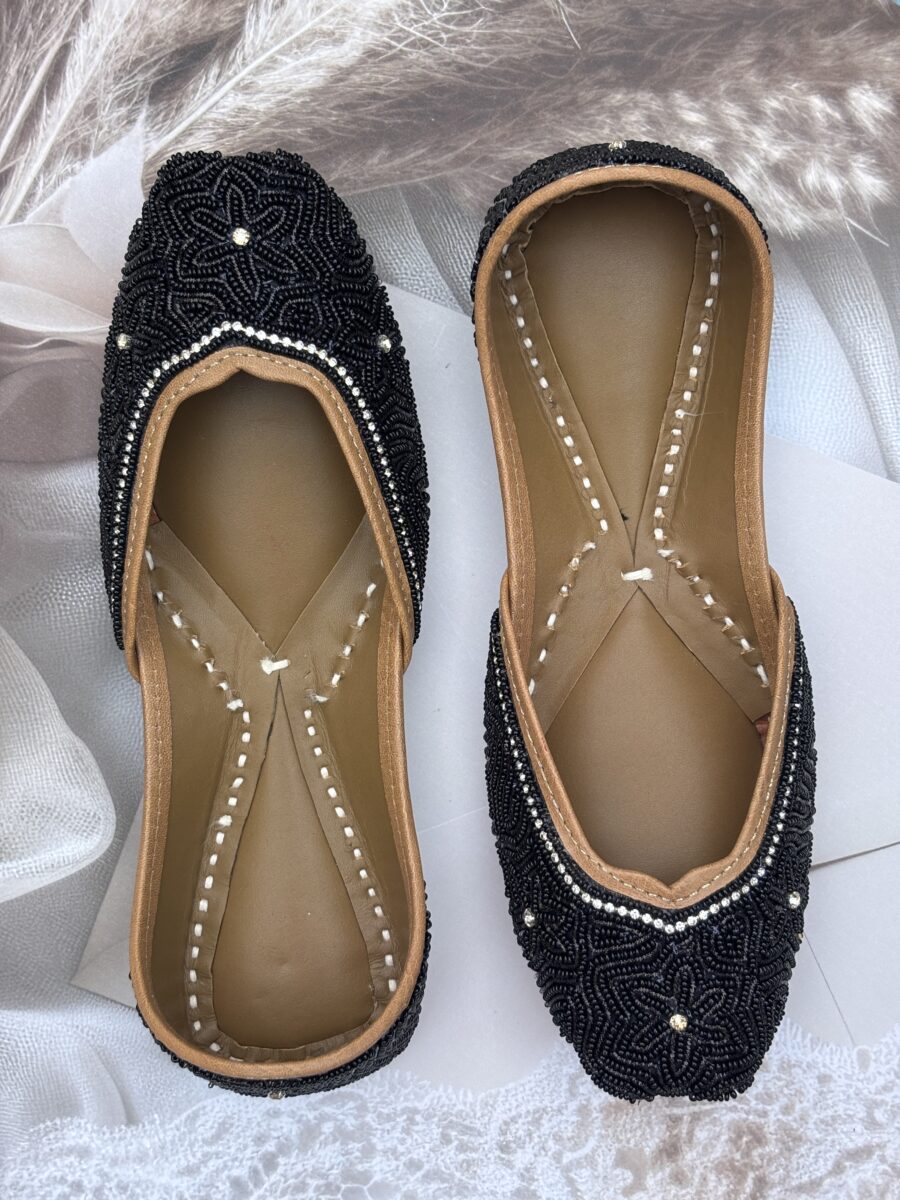 All Black hand embroidered Punjabi Jutti for women, shiny and elegant black Zardosi work