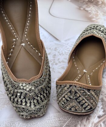 Black and golden hand embroidered Punjabi Jutti with Golden Zari sequins and pitta work, shiny and elegant Zardosi hand work traditional Indian shoe