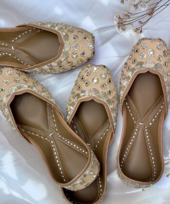 Golden mirror work jutti for ladies, hand embroidered punjabi jutti, beige jutti, latest design jutti