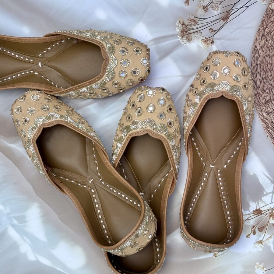 Golden mirror work jutti for ladies, hand embroidered punjabi jutti, beige jutti, latest design jutti