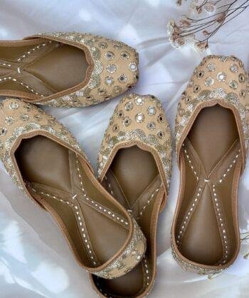 Golden mirror work jutti for ladies, hand embroidered punjabi jutti, beige jutti, latest design jutti