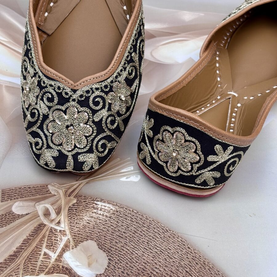 Black Zardosi handwork Jutti, Golden Tilla embroidery punjabi jutti for women