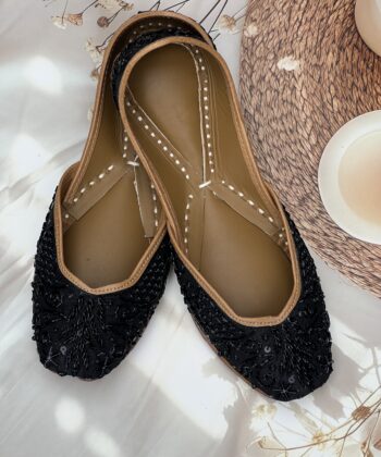 All Black hand embroidered Punjabi Jutti for women, shiny and elegant black Zardosi work