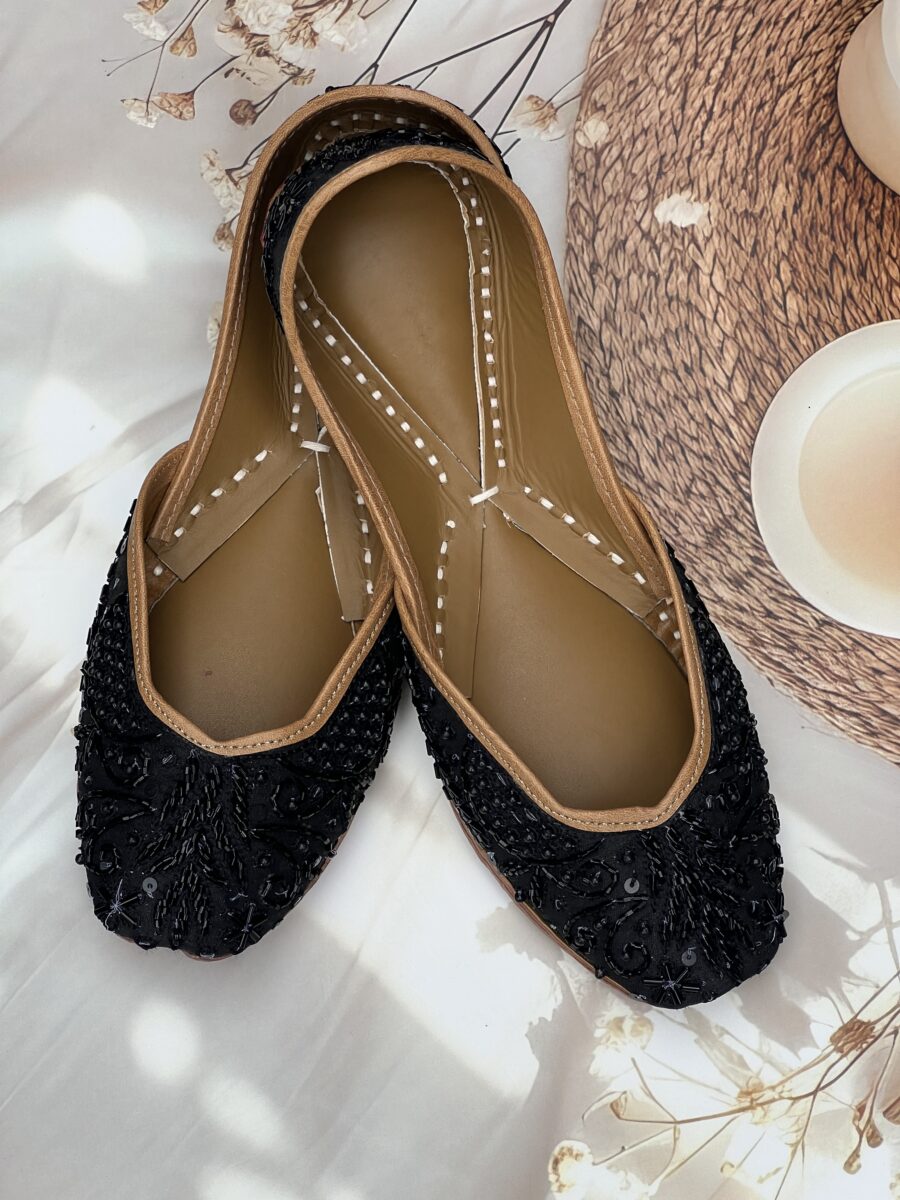 All Black hand embroidered Punjabi Jutti for women, shiny and elegant black Zardosi work