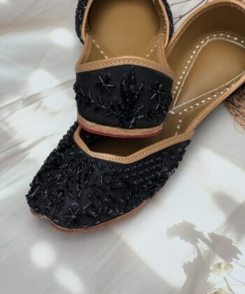 All Black hand embroidered Punjabi Jutti for women, shiny and elegant black Zardosi work