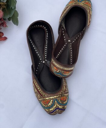 Orange green Golden Mukaish work Jutti for women, kaseeda embroidery pure leather