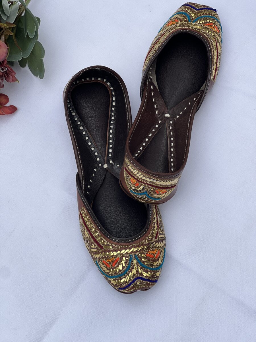 Orange green Golden Mukaish work Jutti for women, kaseeda embroidery pure leather