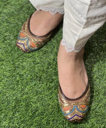 Orange green Golden Mukaish work Jutti for women, kaseeda embroidery pure leather