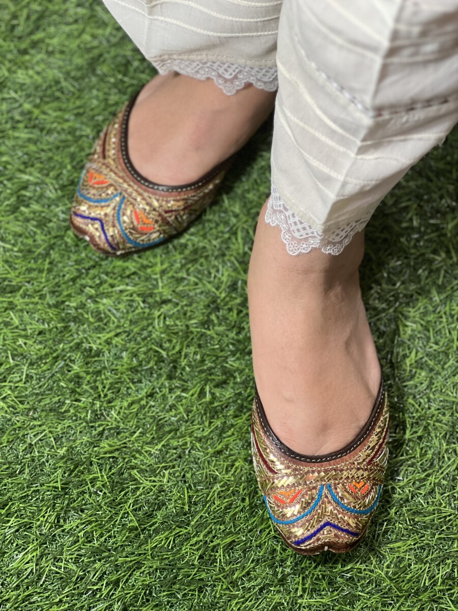Orange green Golden Mukaish work Jutti for women, kaseeda embroidery pure leather