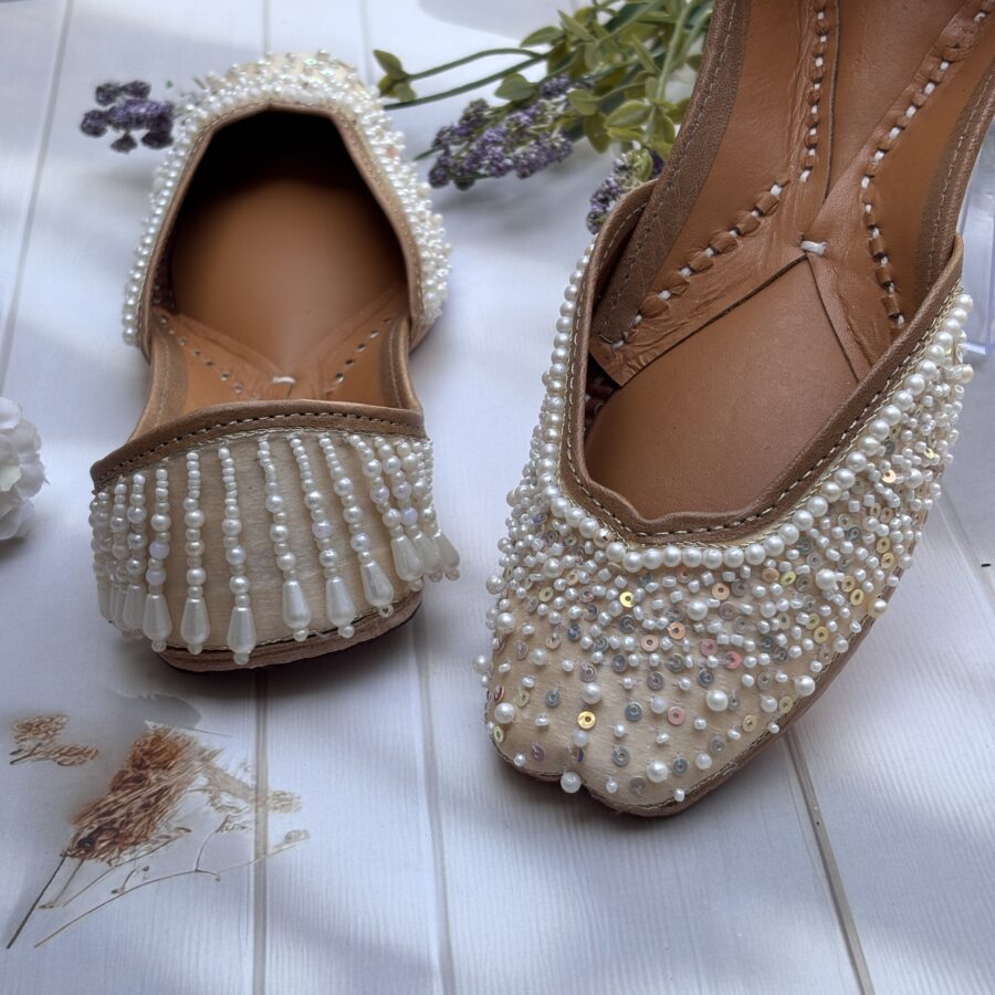 off white jutti, cream jutti for women, beige jutti, white pearls and tassels