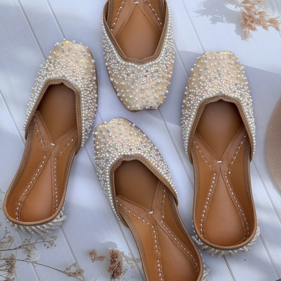 off white jutti, cream jutti for women, beige jutti, white pearls and tassels