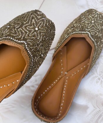 Golden Nakshi and zardosi handwork jutti star pattern, pure leather double cushion jutti for women,