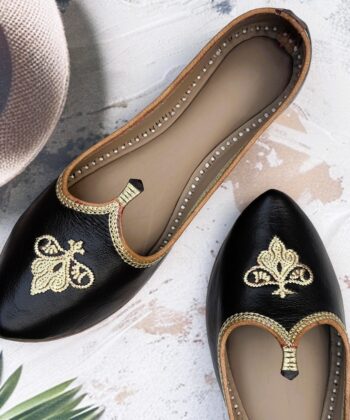Black pure leather golden work delhi fashion jutti biba jutti single piece jointless