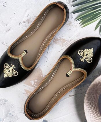 Black pure leather golden work delhi fashion jutti biba jutti single piece jointless for girls casual look, office use jutti