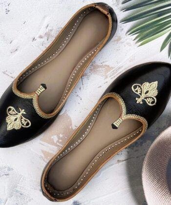 Black pure leather golden work delhi fashion jutti biba jutti single piece jointless for girls casual look, office use jutti