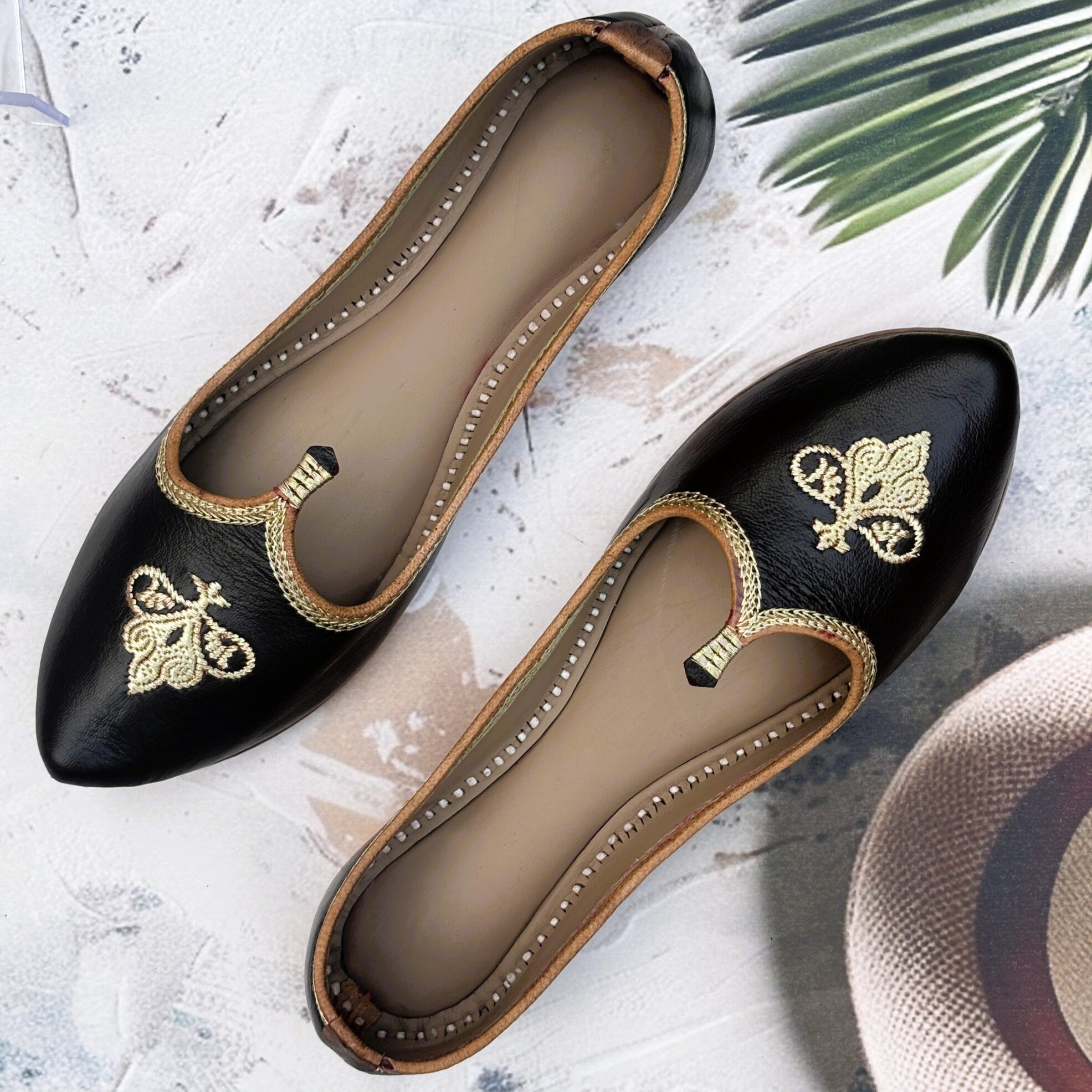 IMG_8293 Black pure leather golden work delhi fashion jutti biba jutti single piece jointless for girls casual look, office use jutti