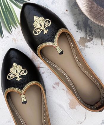 Black pure leather golden work delhi fashion jutti biba jutti single piece jointless