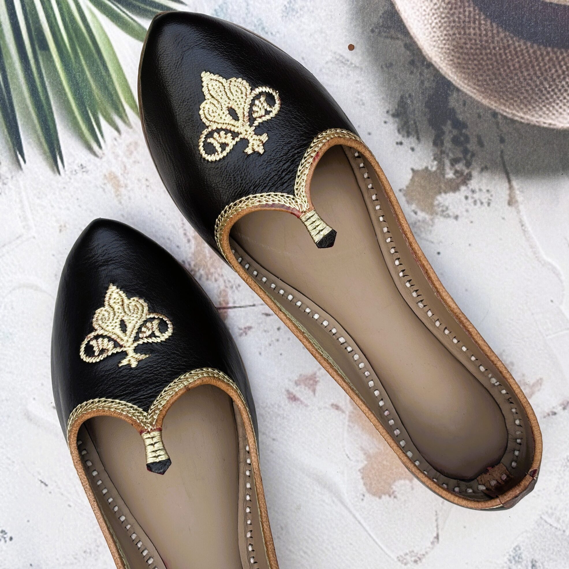 IMG_8294 Black pure leather golden work delhi fashion jutti biba jutti single piece jointless