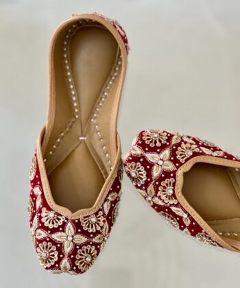 Opulent Maroon Jutti for Women with Golden Dabka work, heavy embroidery party wear juttis for ladies