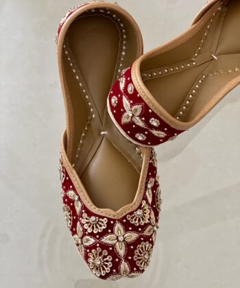 Opulent Maroon Jutti for Women with Golden Dabka work, heavy embroidery party wear juttis for ladies