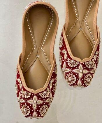 Opulent Maroon Jutti for Women with Golden Dabka work, heavy embroidery party wear juttis for ladies