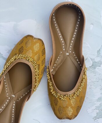 mehndi yellow brocade jutti jooti juti for women with ghunghroo