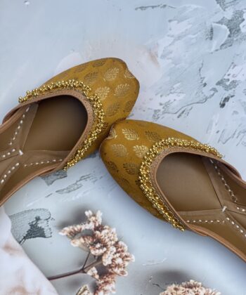 mehndi yellow brocade jutti jooti juti for women with ghunghroo