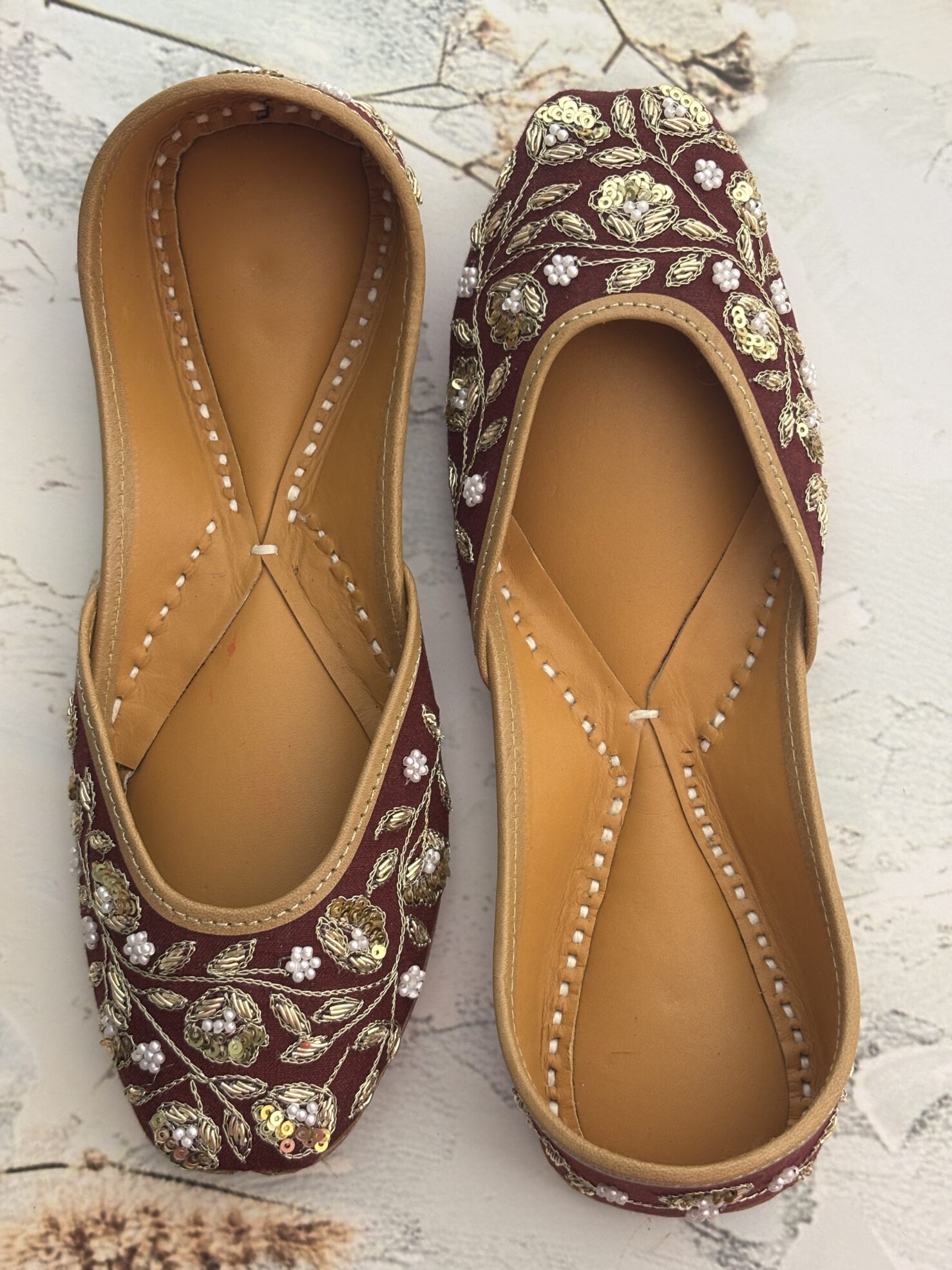 IMG_9654 Maroon hand embroidered jutti with golden sequins and pearls